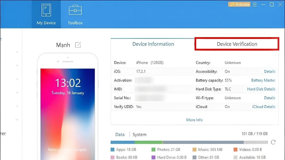 cách kiểm tra iphone đã thay pin bằng iTools bước 1